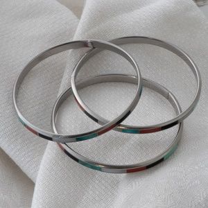 3 Turquoise, coral and obsidian inlaid bangles